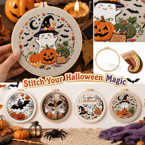 Halloween Embroidery Diy Art Kit, Ghost Bat Pumpkin Stitch Set for Beginners, Adults Home Wall Decor Handmade Craft Project 7.9 Inch Hoop Included