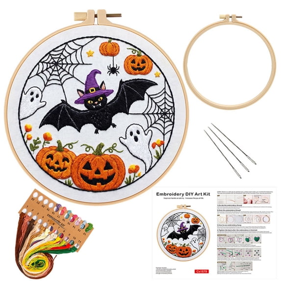 Halloween Embroidery Kit, 9 Inch Beginner Embroidery Kit for Adults, Hand Embroidery Kit with Embroidery Hoop and Patterned Supplies for Spooky Halloween Craft Fall Home Decor, 1