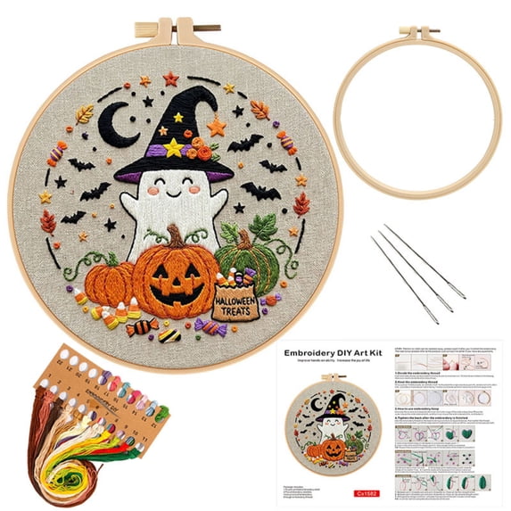 Halloween Embroidery Kit 9 Inch Beginner Embroidery Kit for Adults Hand Embroidery Kit with Embroidery Hoop Spooky Halloween Decor Halloween Craft for Holiday Home Display, 1 Pack