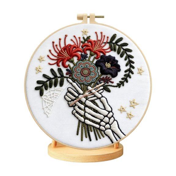 Halloween Embroidery Kit for Beginners, Gothic Skeleton Floral Design with Purple Halloween Decor, Includes 11.4-Inch Fabric and 7.87-Inch Hoop, Perfect for Spooky Home Decor and