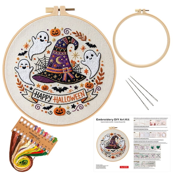 Halloween Embroidery Kit for Beginners Halloween Decorations Witch Halloween Decor Ghost Embroidery Cloth Needles Hoops Diy Stitch Craft for Holiday Home Decor