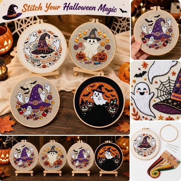 Halloween Embroidery Kit, Embroidery Starter Kit for Adults, Halloween Crafts for Adults, Ghost Halloween Decor Diy Set, Complete 9X9 in Kit Comes with Pre-Printed Embroidery