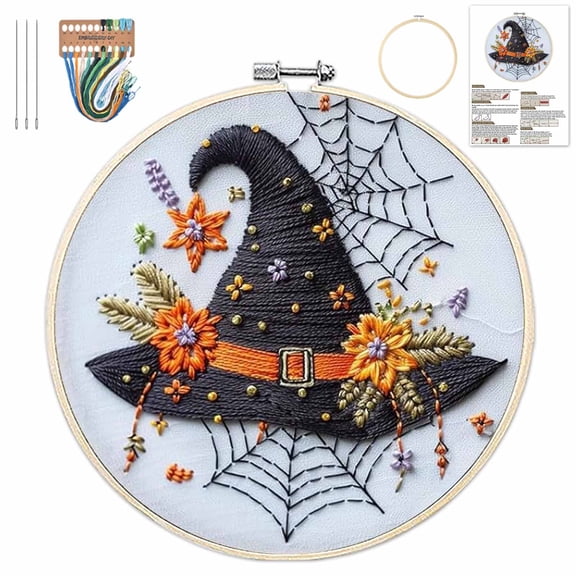 Halloween Embroidery Kit, Gothic Embroidery Starter Kit, Spooky DIY Stamped Cross Stitch Kits for Adults with Needles and Thread Included (C)