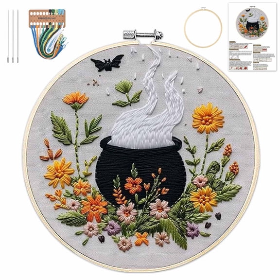 Halloween Embroidery Kit, Gothic Embroidery Starter Kit, Spooky DIY Stamped Cross Stitch Kits for Adults with Needles and Thread Included (D)
