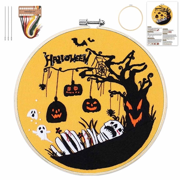 Halloween Embroidery Kit, Needlepoint Kits for Adults with Clear Instructions, Beginner-Friendly Cross Stitch Set for Holiday Decor, Pillowcases, and DIY Craft Projects (A)