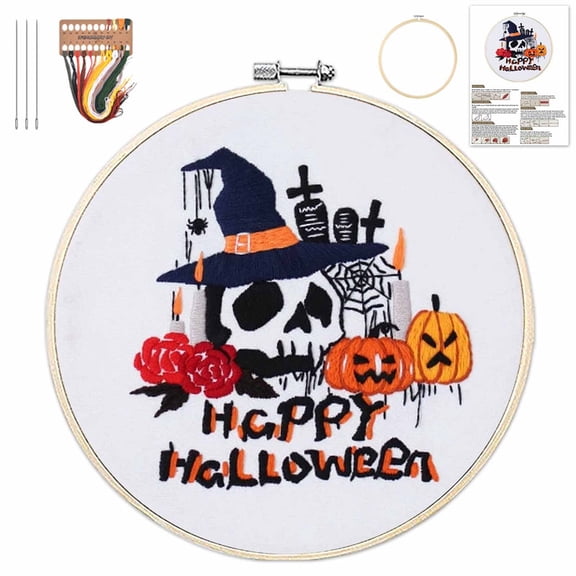 Halloween Embroidery Kit, Needlepoint Kits for Adults with Clear Instructions, Beginner-Friendly Cross Stitch Set for Holiday Decor, Pillowcases, and DIY Craft Projects (D)