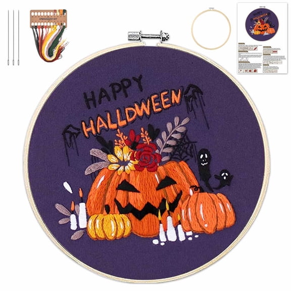 Halloween Embroidery Kit, Needlepoint Kits for Adults with Clear Instructions, Beginner-Friendly Cross Stitch Set for Holiday Decor, Pillowcases, and DIY Craft Projects (F)