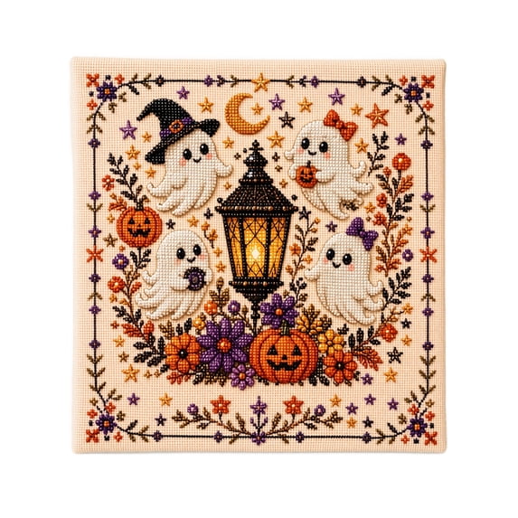 Halloween Embroidery Kit with Pre-Printed Spooky Design, Cross Stitch Craft Set for Home Wall Decor and Party Decorations, Fall Holiday Gift for Adults and Beginners with 1 Count
