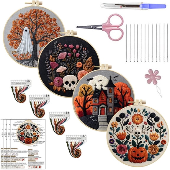 Halloween Embroidery Kit, Pumpkin Cross Stitch Kits, 4 Set Craft Kits for Beginners with Pre-Printed Embroidery Fabric, Hoops, Step-by-Step Instructions, Color Threads & Needles (RL)