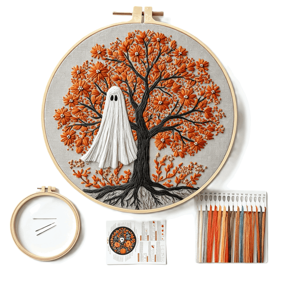 Halloween Embroidery Kit, Pumpkin Cross Stitch Kits, 4 Set Craft Kits for Beginners with Pre-Printed Embroidery Fabric, Hoops, Step-by-Step Instructions, Color Threads & Needles (RL)