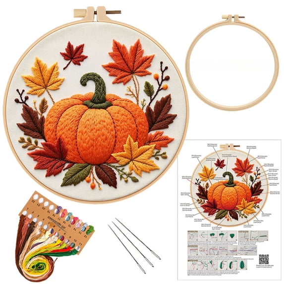 Halloween Embroidery Kit, Pumpkin Decor, Embroidery Starter Kit for Adult Beginner with Pumpkin Flower Pattern Hand Embroidery Set with Cloth Hoop Needle Threader Floss and Instruction, 7.87in