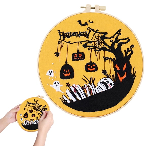 Halloween Embroidery Kit for Adult Beginners,1 Sets Embroidery Stitch Practice kit Include Embroidery Cloth Hoops Threads for Craft Lover Hand Stitch