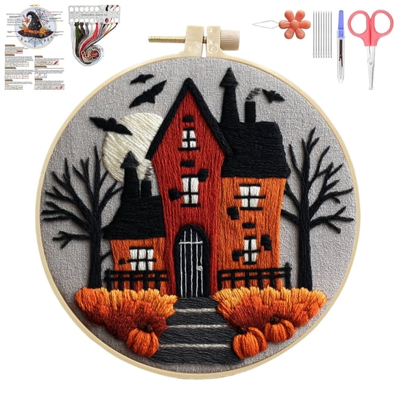 Halloween Embroidery Kit for Beginner, Gothic Embroidery Starter Kit for Adults Halloween Decor with Tools (#01)