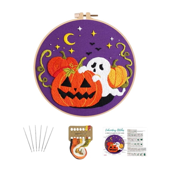 Halloween Embroidery Kits - 2 Pack Easy Embroidery kit for Adults Beginners Starter Cross Stitch Kit DIY Needlepoint with Pre-Printed Fabric, Hoop, Thread, Needles & Step-by-Step Guide F