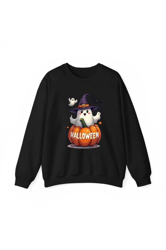 Halloween Enchanted Round-neck long-sleeved Charming Specter Witch Hat Pumpkin Playful Design Cotton Black S-3XL