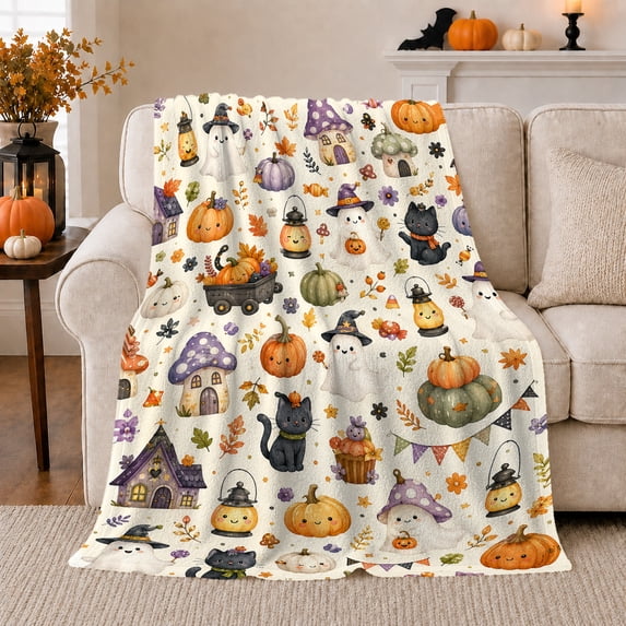 Halloween Enthusiasts Whimsical Ghosts Witch, Playful Pet Portrait Pattern, Warm Flannel Blanket for Living Room and Bedroom, Cat Lovers Halloween Gift, Pet Lover Home Decor