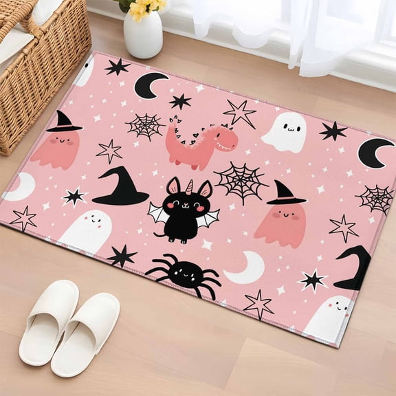 Halloween Entryway Rug 2'x3'&nbsp; Non Slip Front Door Mats, Cute Cartoon Ghosts Black Bat Moon Star Pink Entrance Rugs Indoor Outdoor Carpet, Washable Floor Mats Small Area Rug for Bedroom Kitchen
