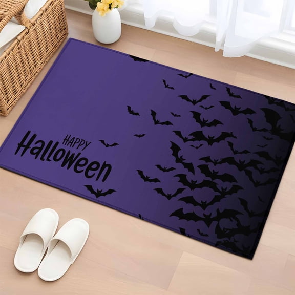 Halloween Entryway Rug 2'x3' Non Slip Front Door Mats, Fall Horror Spooky Bats Gradient Black Purple Entrance Rugs Indoor Outdoor Carpet, Washable Floor Mats Small Area Rug for Bedroom Kitchen