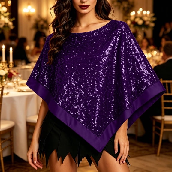 Halloween Evening Cover Up, Irregular Sequin Poncho Shawl, Glitter Triangle Sequined Wrap Cape for Halloween Party Wedding Evening Costume, Multi Color Sparkly Cover Up, Purple One Size