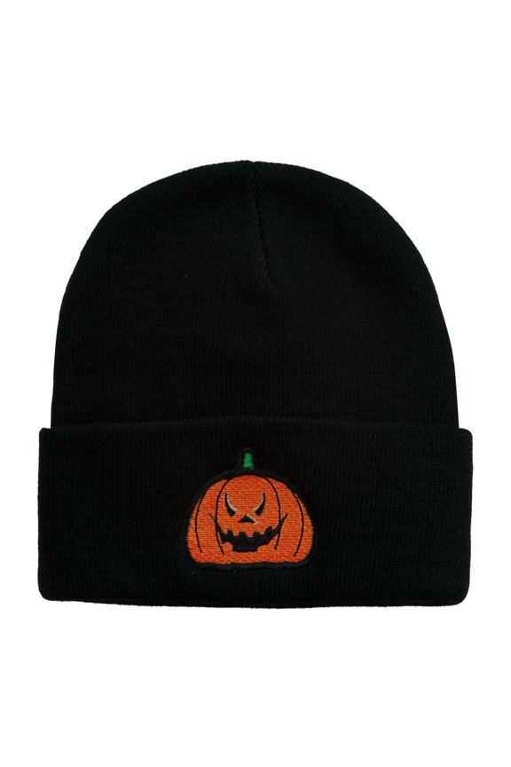 Halloween Evil Jack o Lantern Embroidered Long Beanie - Black OSFM