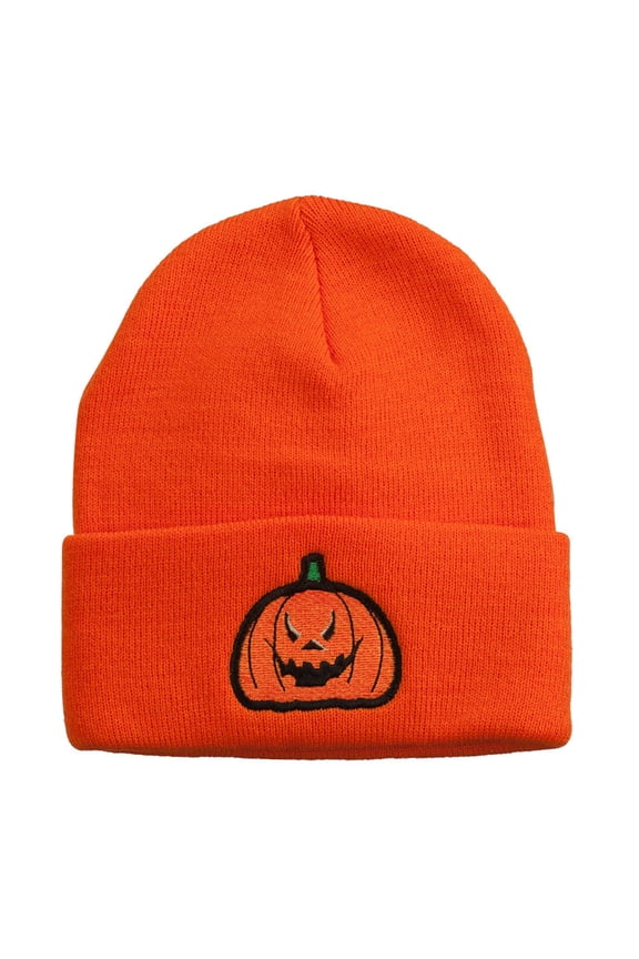 Halloween Evil Jack o Lantern Embroidered Long Beanie - Orange OSFM