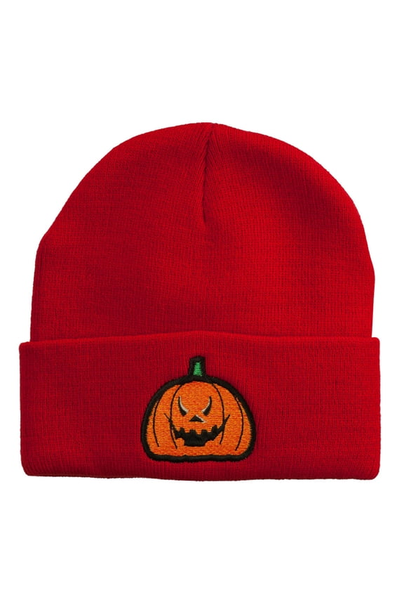 Halloween Evil Jack o Lantern Embroidered Long Beanie - Red OSFM