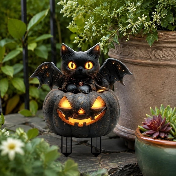 Halloween Evil Pumpkin Cat Yard Stakes with Bat Wings, Spooky Outdoor Decor for Garden Lawn, Party Decoration 1 Pack