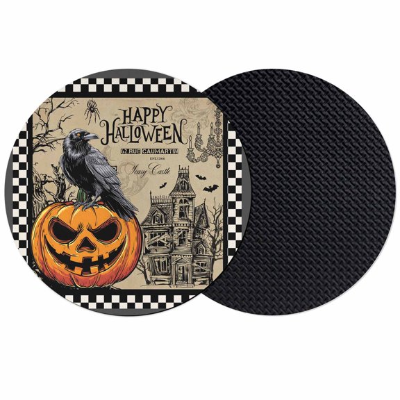 Halloween Evil Pumpkin Coasters Set of 2, Absorbent Coasters for Drinks, Horror Black Crow Castle Vintage Plaid Coaster for Desk Coffee Table Protection, Home Decor House Warming Gifts 4"