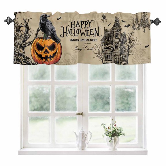 Halloween Evil Pumpkin Kitchen Valances for Windows 54x18 Inch Kitchen Curtains Valances Rod Pocket Horror Black Crow Haunted House Bathroom Window Valances for Window Treatment Decor