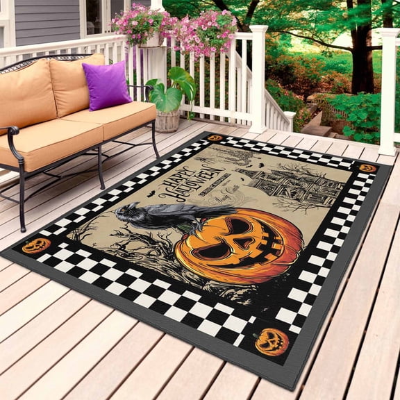 Halloween Evil Pumpkin Outdoor Rug for Patio/Deck/Porch, Non-Slip Large Area Rug 3 x 5 Ft, Horror Black Crow Castle Vintage Plaid Indoor Outdoor Rugs Washable Area Rugs, Camping Rug Carpet Runner