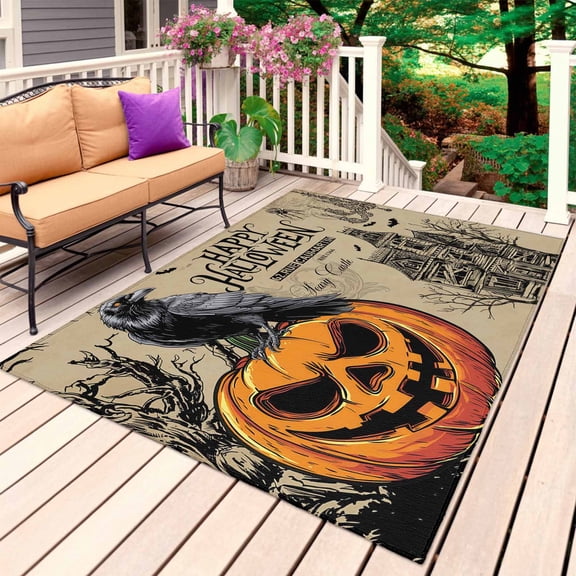 Halloween Evil Pumpkin Outdoor Rug for Patio/Deck/Porch, Non-Slip Large Area Rug 5 x 8 Ft, Horror Black Crow Haunted House Indoor Outdoor Rugs Washable Area Rugs, Reversible Camping Rug Carpet Runner