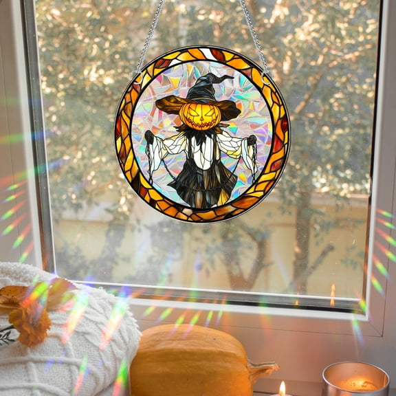 Halloween Evil Pumpkin with Chain Light Catcher Acrylic Hanging Decoration Colored Suncatcher Pendant for Window Wall Home Party Decor