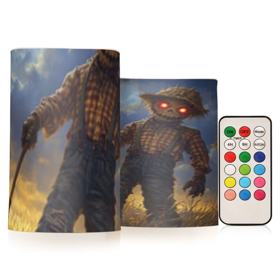 Halloween Evil Scarecrow Flickering Flameless Candles Battery Operated with Remote Timer LED Pillar Candles Set of 2