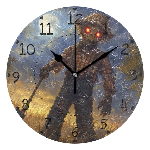 Halloween Evil Scarecrow Round Wall Clock Silent Battery Operated Home Decor for Living Room Bedroom