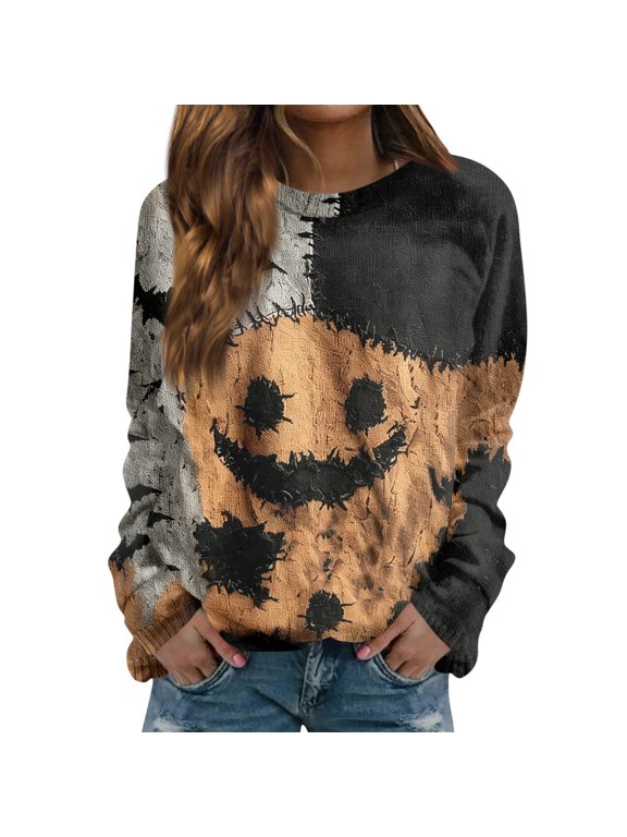 Halloween Evil Smile Fall Sweatshirts Pullover for Women, Oversized Crewneck Long Sleeve Tee Top, Cozy Soft Spooky Season Casual T-Shirt Shirt, S