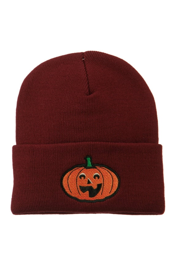 Halloween Excited Jack o Lantern Embroidered Long Beanie - Maroon OSFM