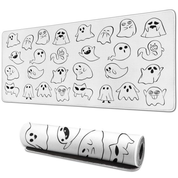 Halloween Extended Mouse Pad Cute Ghost Kawaii Cartoon, Spooky Funny Spirit, Non-Slip Base, Stitched Edge Perfect for Gaming, Laptop, Gaming Mouse Pad Desktop 31.5x11.8 Inches