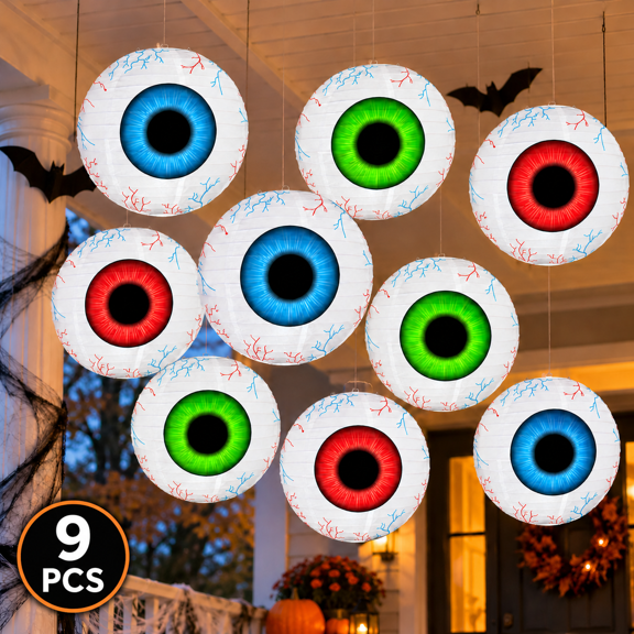 Halloween Eyeball Paper Lanterns 9 Pcs 9.8 Inch, Hanging Spooky Eyeball Decorations for Front Yard Porch Party