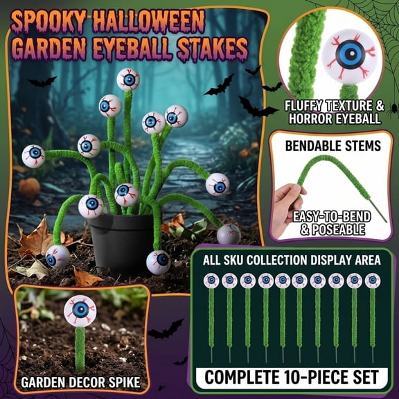Halloween Eyeball Sticks Spooky Eye Pipe Cleaners 10-Piece Set Garden Stake Stakes Outdoor Yard Flower Pot Halloween Party Home Decor (Vase Not Included)