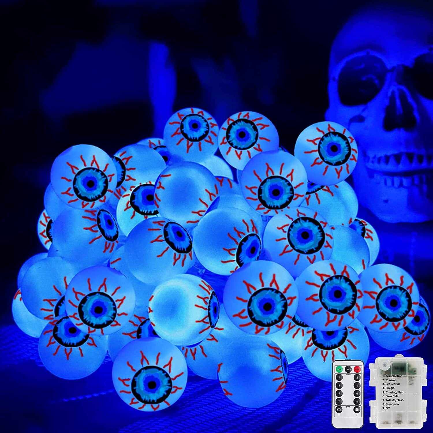 Halloween Eyeball String Lights, 15ft 30LED 8 Lighting Modes, Remote