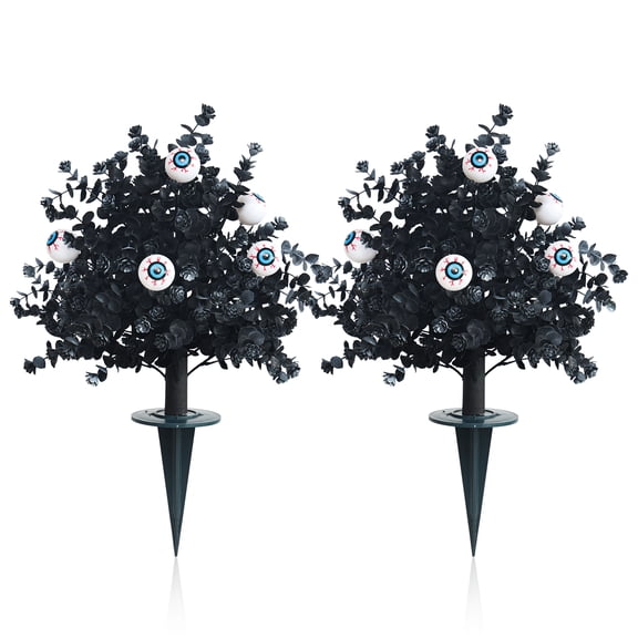 Halloween Eyeball Topiary with Ground Stake, 24inch Black Artificial Eucalyptus Plant Bush with Blue Eyeballs for Outdoor Garden Lawn Porch Decor (Set of 2)