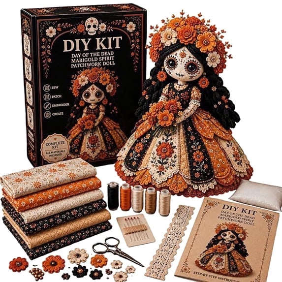 Halloween Fabric Doll DIY Kit, Sugar Skull Rag Doll Craft Set, Gothic Cloth Doll Making Supplies, Handmade Sewing Doll Kit, Floral Doll DIY Pack, Craft Supply for Home DIY Projects, Halloween Gift