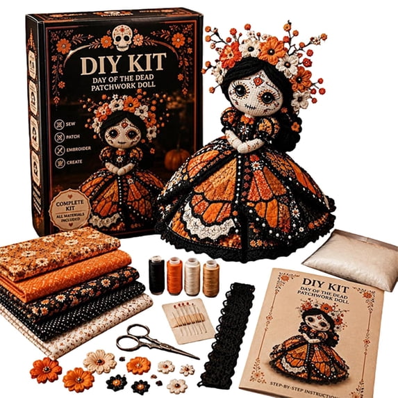 Halloween Fabric Doll DIY Kit, Sugar Skull Rag Doll Craft Set, Gothic Cloth Doll Making Supplies, Handmade Sewing Doll Kit, Floral Doll DIY Pack, Craft Supply for Home DIY Projects, Halloween Gift