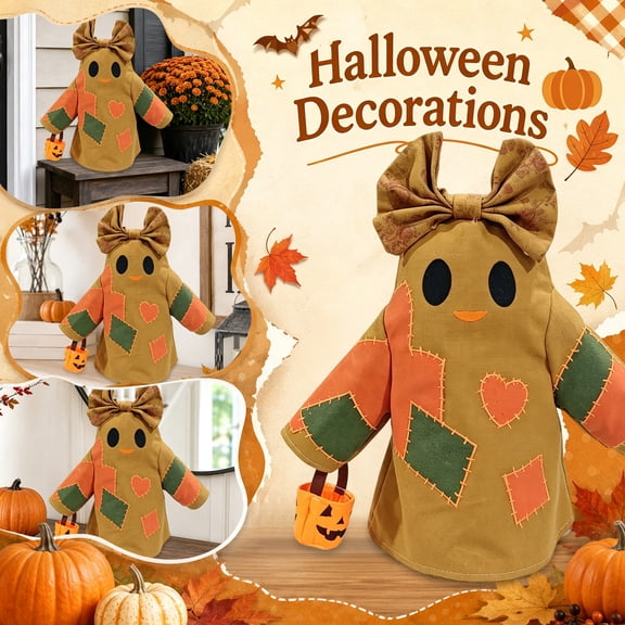 Halloween Fabric Ghost Ornament, Hand Stitched Patchwork Decor, No Electronic Parts, Warm Vintage Autumn Tone, Soft Non Spooky Design for All Age Scene Decoration