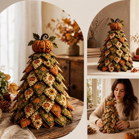 Halloween Fabric Patchwork Tabletop Tree, Stuffed Patchwork Mini Tree with Pumpkin Topper, Harvest Fall Farmhouse Decor