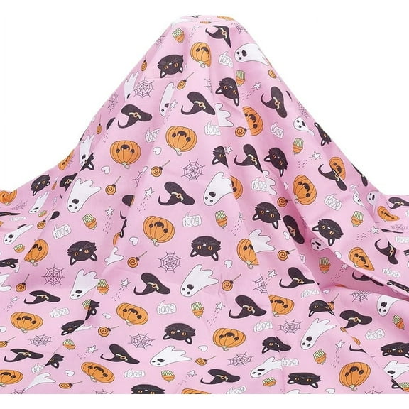 Halloween Fabric Pumpkin Printed Fabric Pink Ghost Wizard Hat Decorative Fabric Cotton Fabric for Halloween Decor Upholstery and Home Accents Sewing and DIY Crafts 57x19.6 Inch