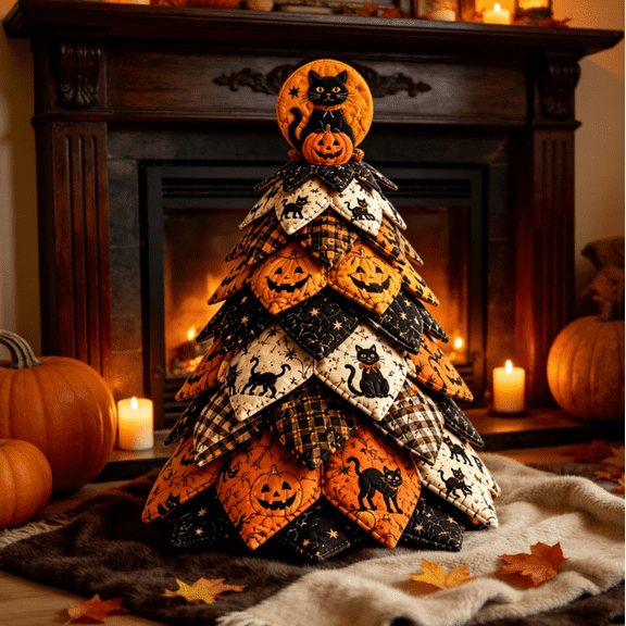 Halloween Fabric Tree Quilted Tabletop Tree, Hand Sew DIY Polyester Patchwork Decor, Space Saving Mini Ornament for Indoor Mantel Halloween Party Tabletop Decor (Black Cat Tree)