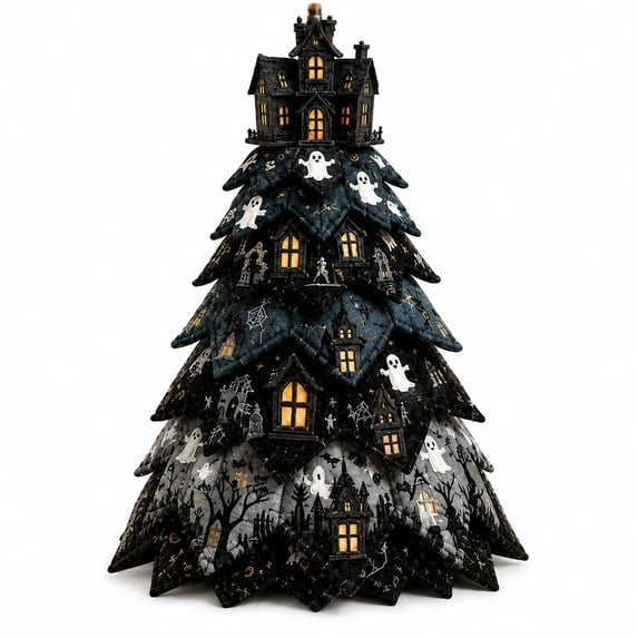 Halloween Fabric Tree for Tabletop Decor, Spooky Home Topper with Glowing Windows for Indoor Home Display, Layered Quilted Ornament for Fall Seasonal Accent