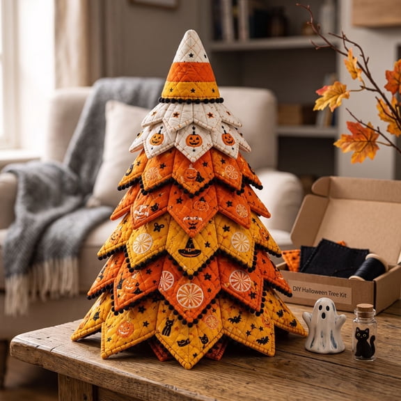 Halloween Fabric Trees - 11.8" DIY Halloween Quilted Fabric Tree Kit, Black Cat Pumpkin Witch Design, Sewing Patchwork Ghost Trees Holiday Table Mantel Decor, Handmade Gift for Craft Lovers