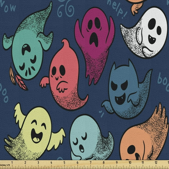Ambesonne Halloween Fabric by the Yard Upholstery, Colorful Spooky Ghosts, 2 Yards, Multicolor